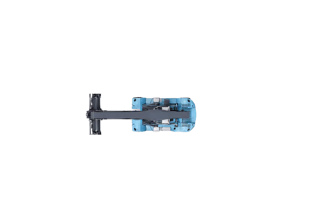Top view of a blue industrial crane head with a long black boom arm extending forward.