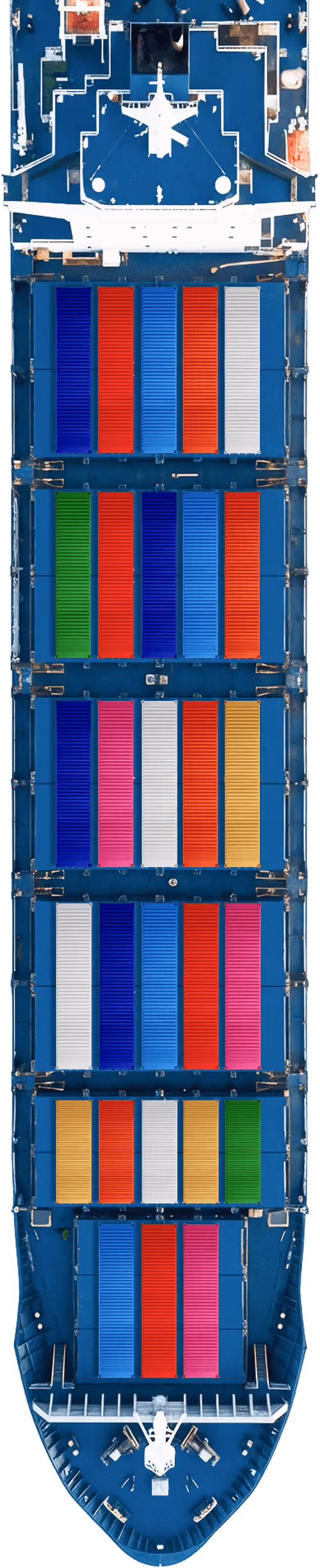 Aerial view of a cargo ship loaded with colorful shipping containers in rows on a blue deck.